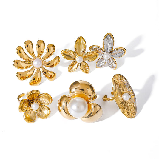 Stainless Steel Exaggerated Flower Pearl Ring