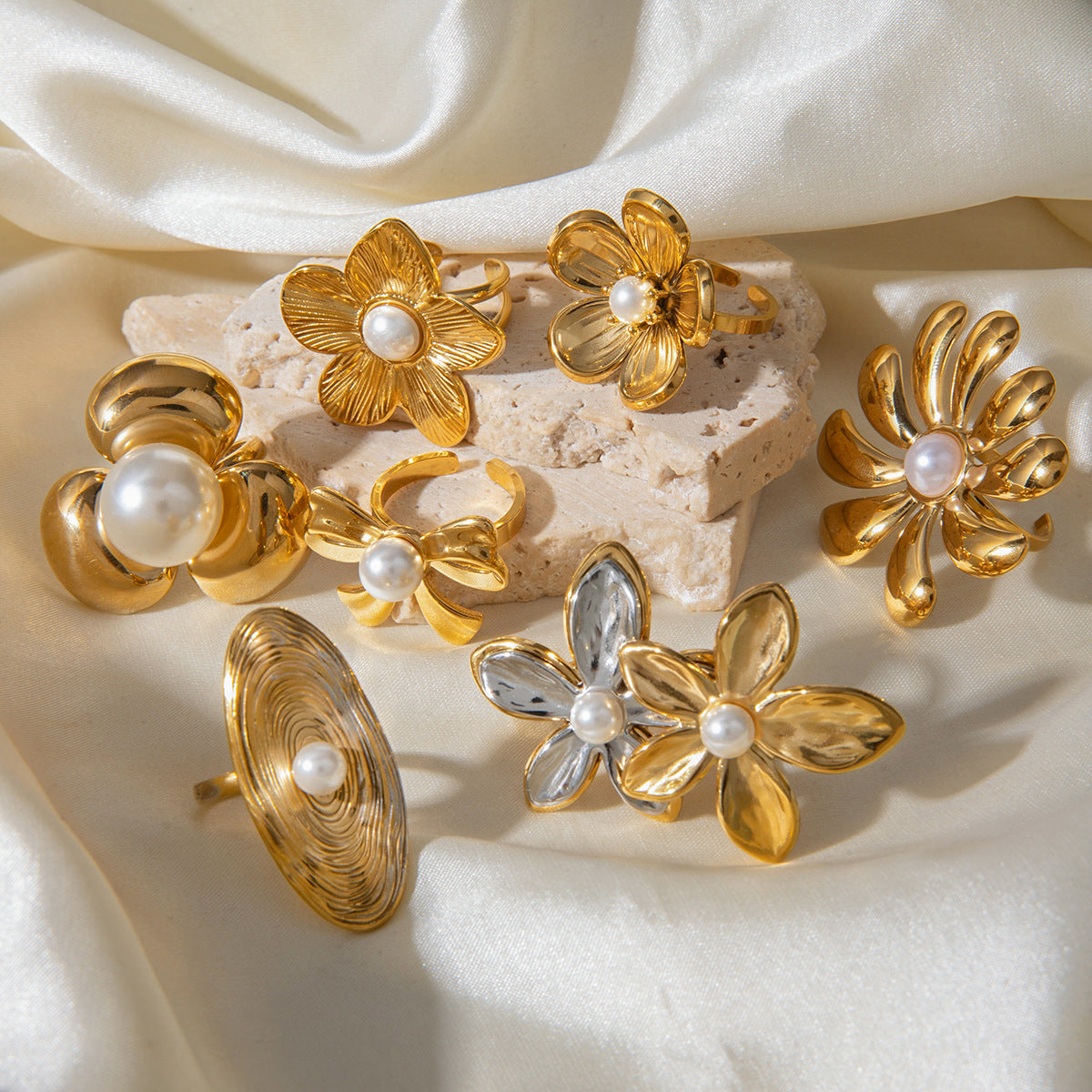 Stainless Steel Exaggerated Flower Pearl Ring
