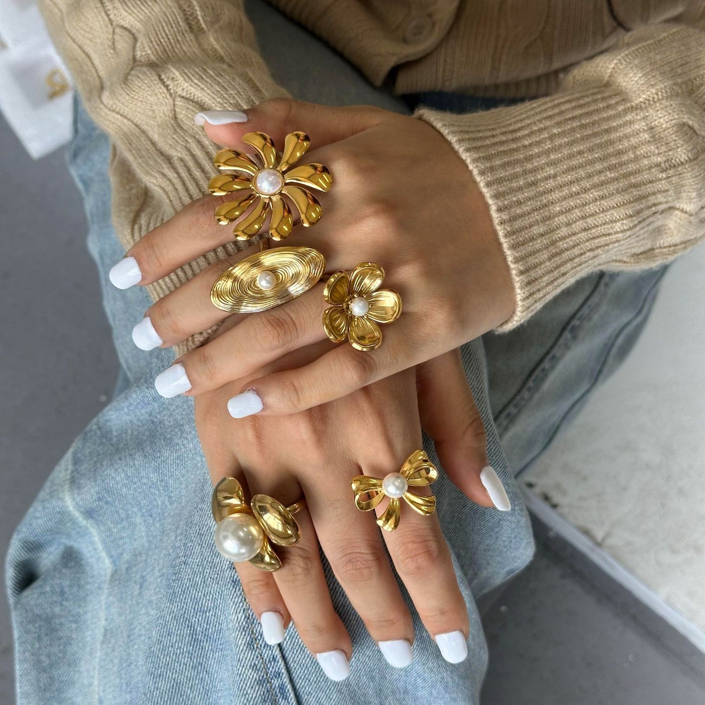 Stainless Steel Exaggerated Flower Pearl Ring