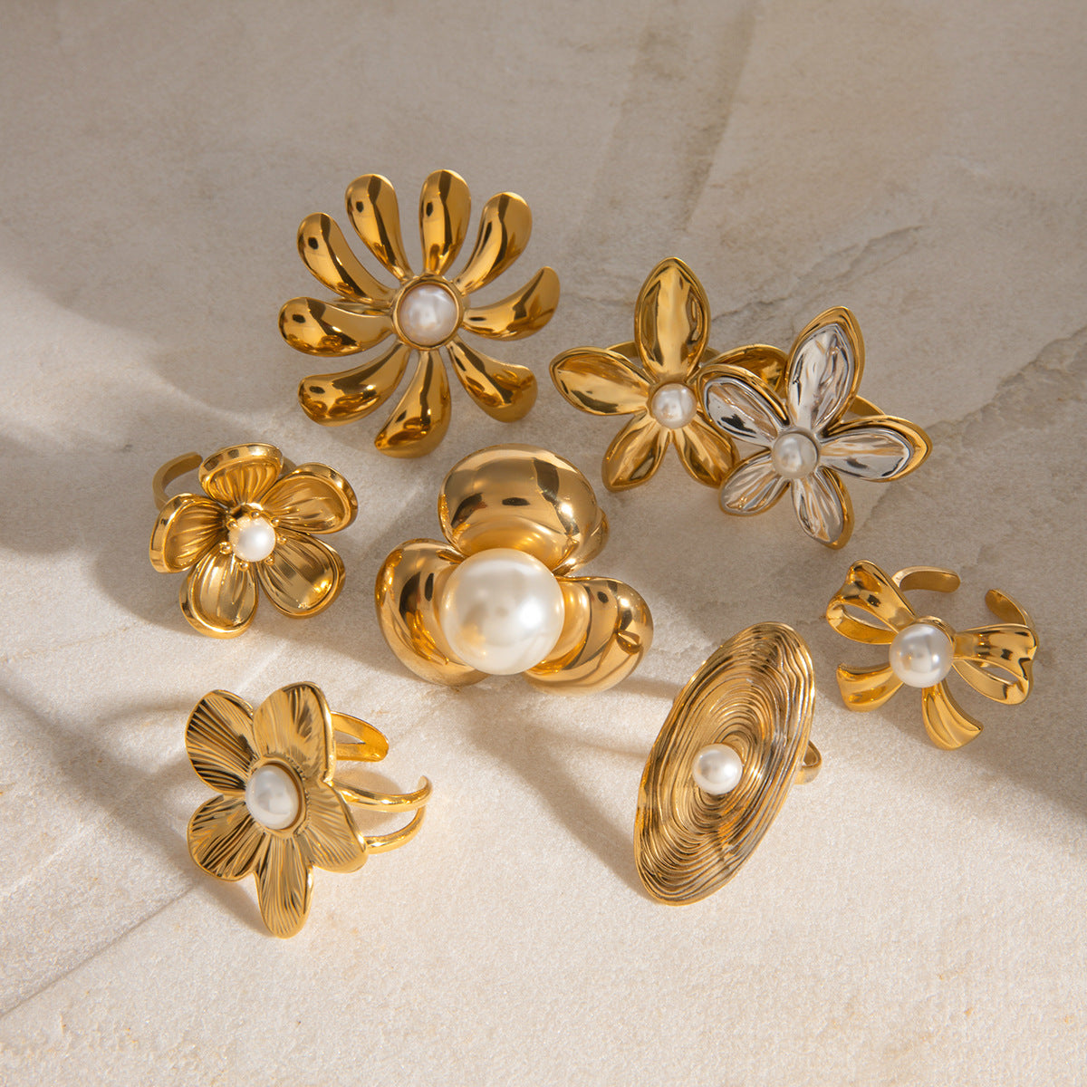 Stainless Steel Exaggerated Flower Pearl Ring
