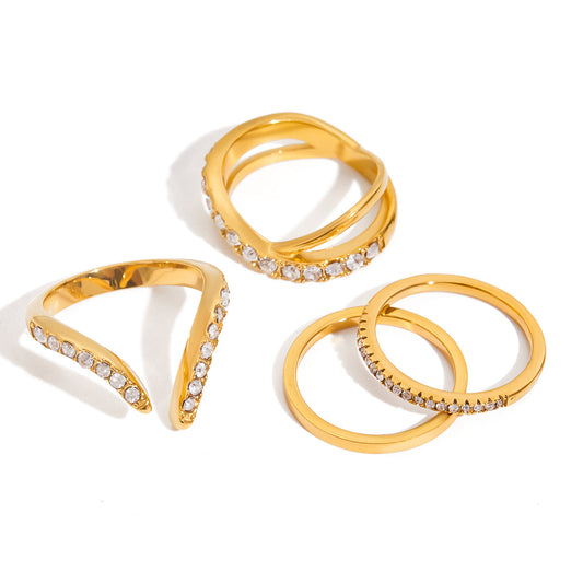 Stainless Steel White Rhinestone Ring Combination