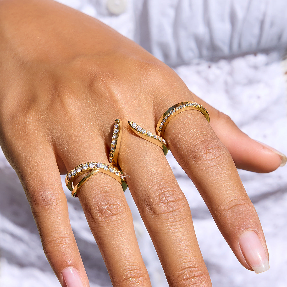 Stainless Steel White Rhinestone Ring Combination