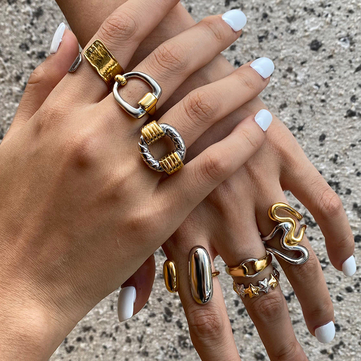 Stainless Steel Geometric Two-Tone Gold and Steel Ring