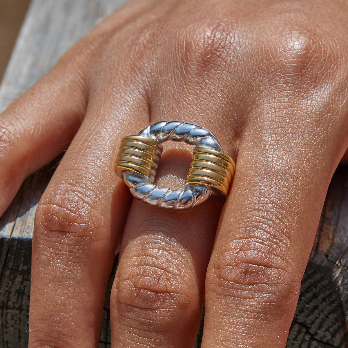 Stainless Steel Geometric Two-Tone Gold and Steel Ring