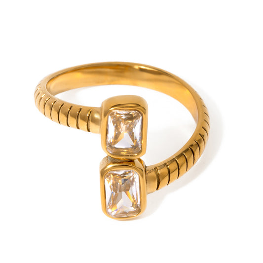 Stainless Steel Square Cubic Zirconia Open Ring