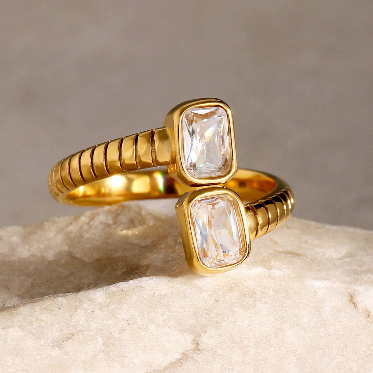 Stainless Steel Square Cubic Zirconia Open Ring