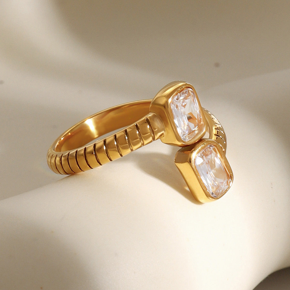 Stainless Steel Square Cubic Zirconia Open Ring