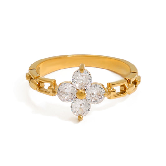 Stainless Steel Four-leaf Clover Cubic Zirconia Ring