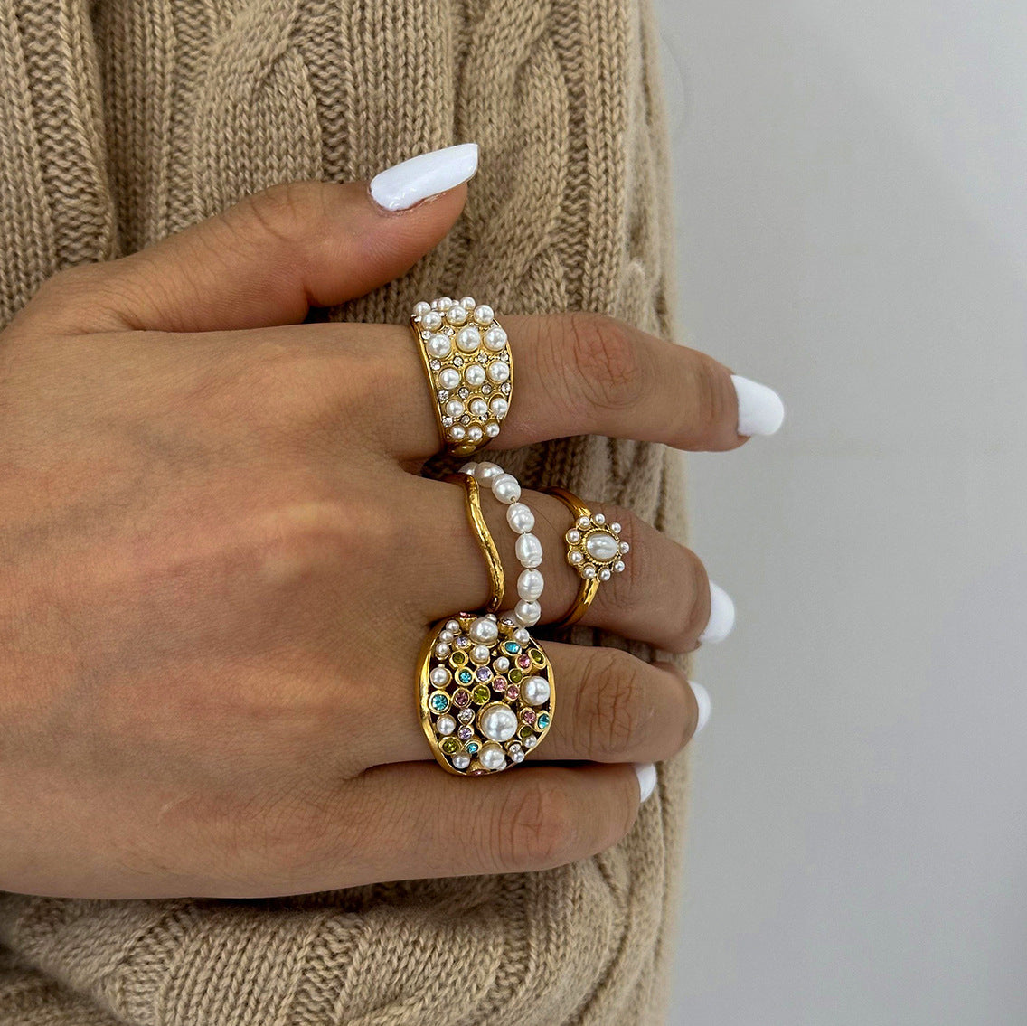 Stainless Steel Exaggerated Pearl Ring Combination