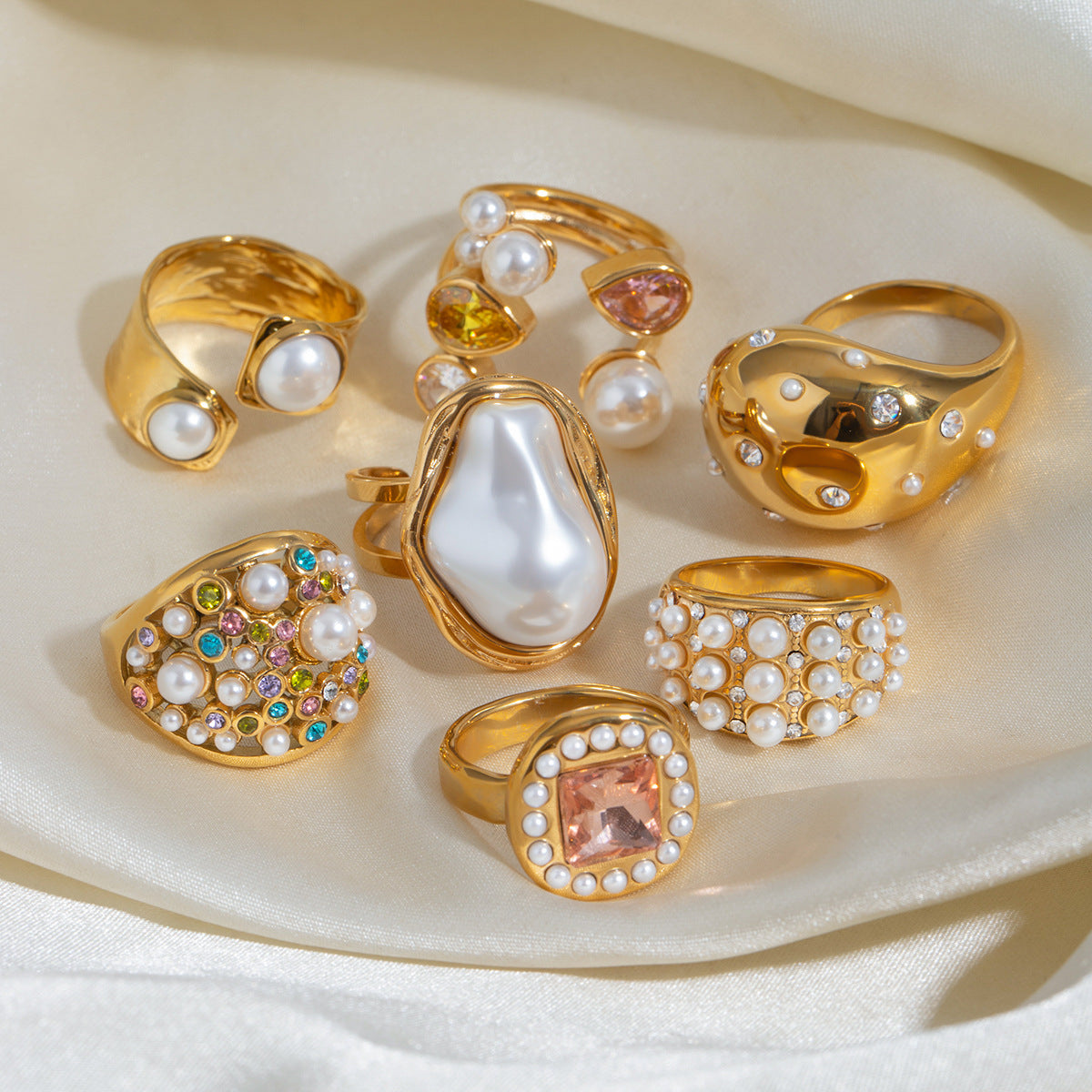 Stainless Steel Exaggerated Pearl Ring Combination