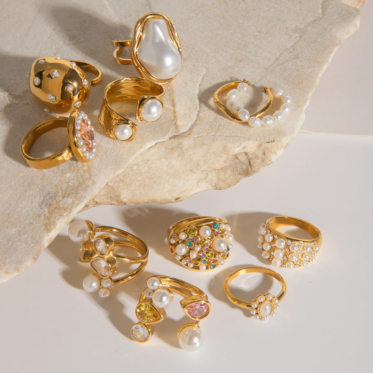 Stainless Steel Exaggerated Pearl Ring Combination