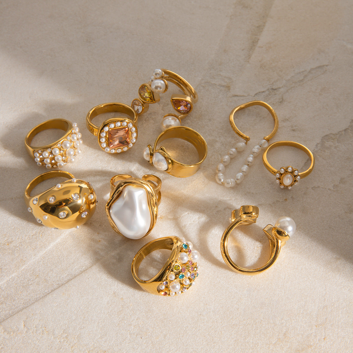 Stainless Steel Exaggerated Pearl Ring Combination