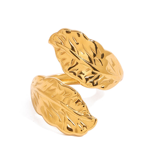 Stainless Steel 18K Gold PVD Leaf Open Ring