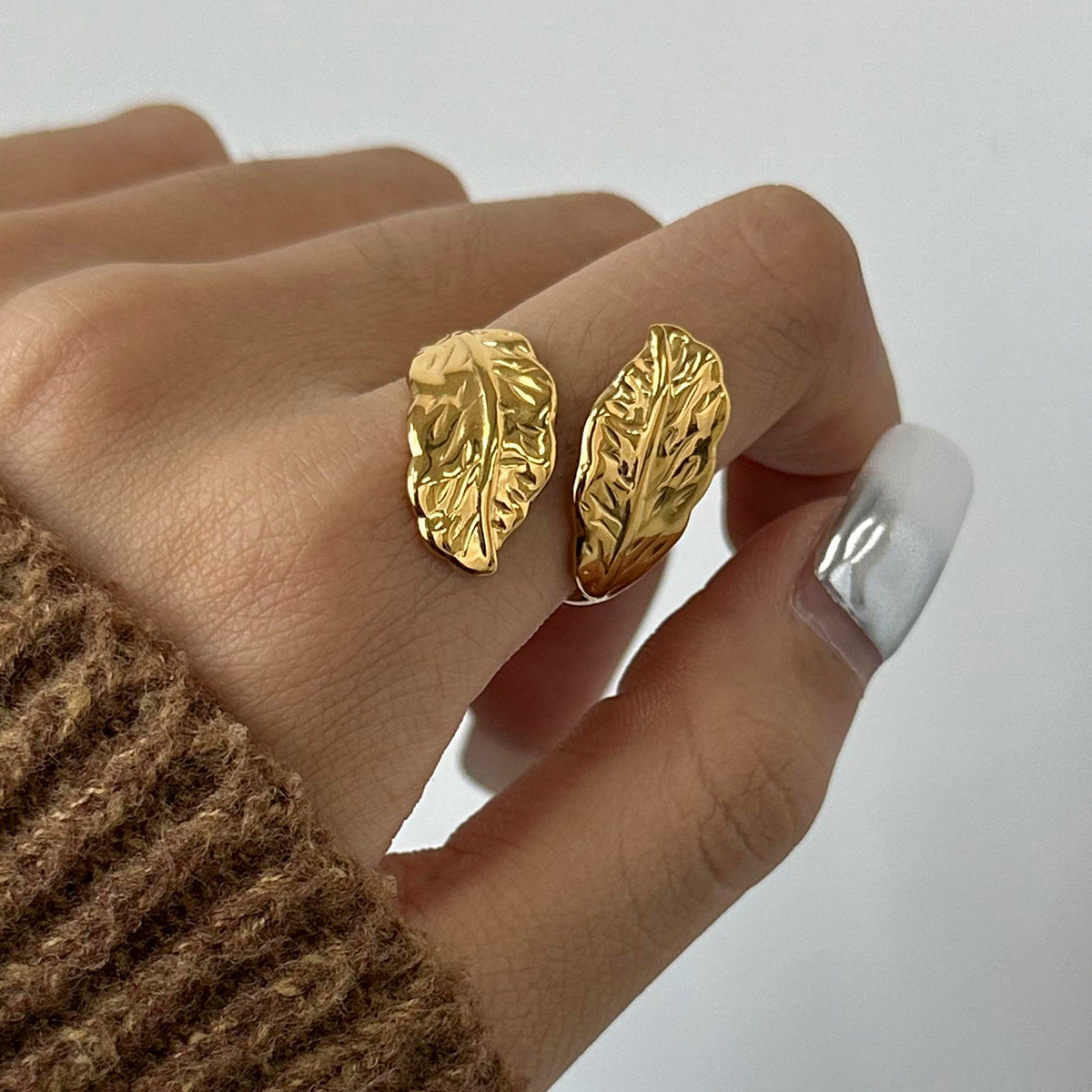 Stainless Steel 18K Gold PVD Leaf Open Ring