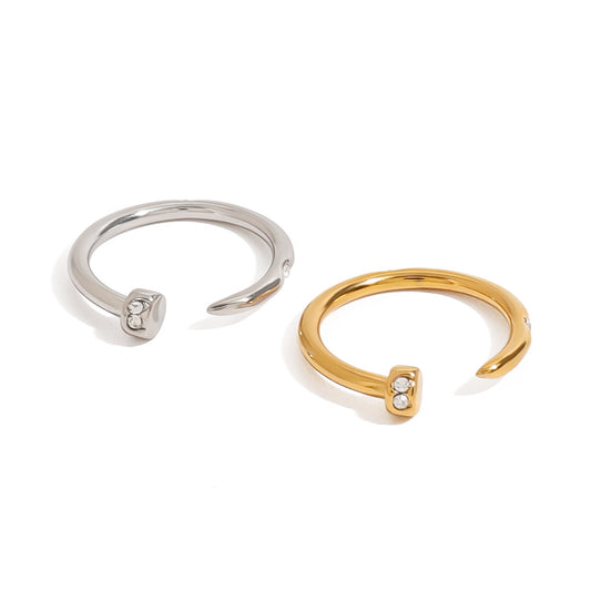 Stainless Steel Nail Cubic Zirconia Open Ring