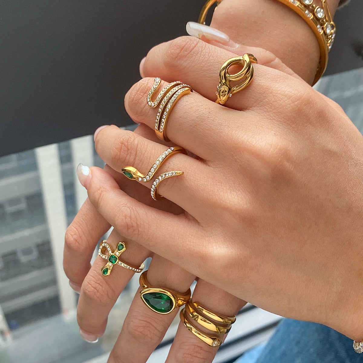 Stainless Steel Cubic Zirconia Spirit Snake Ring Combination