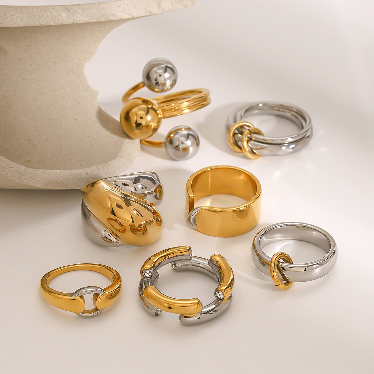 Stainless Steel Two-Tone Gold and Steel Ring Combination