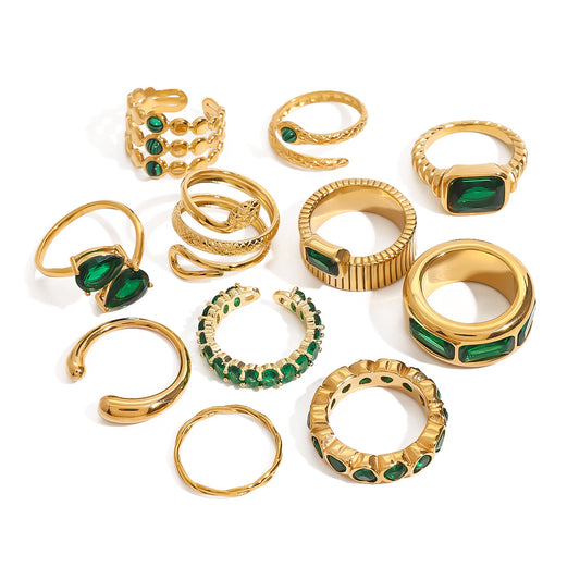 Stainless Steel Green Cubic Zirconia Ring Combination