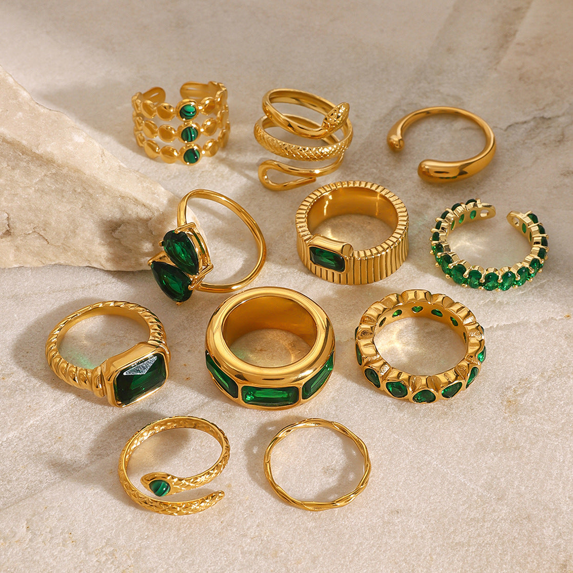 Stainless Steel Green Cubic Zirconia Ring Combination