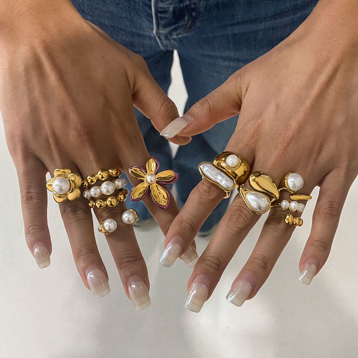 Stainless Steel Light Luxury Pearl Ring Combination