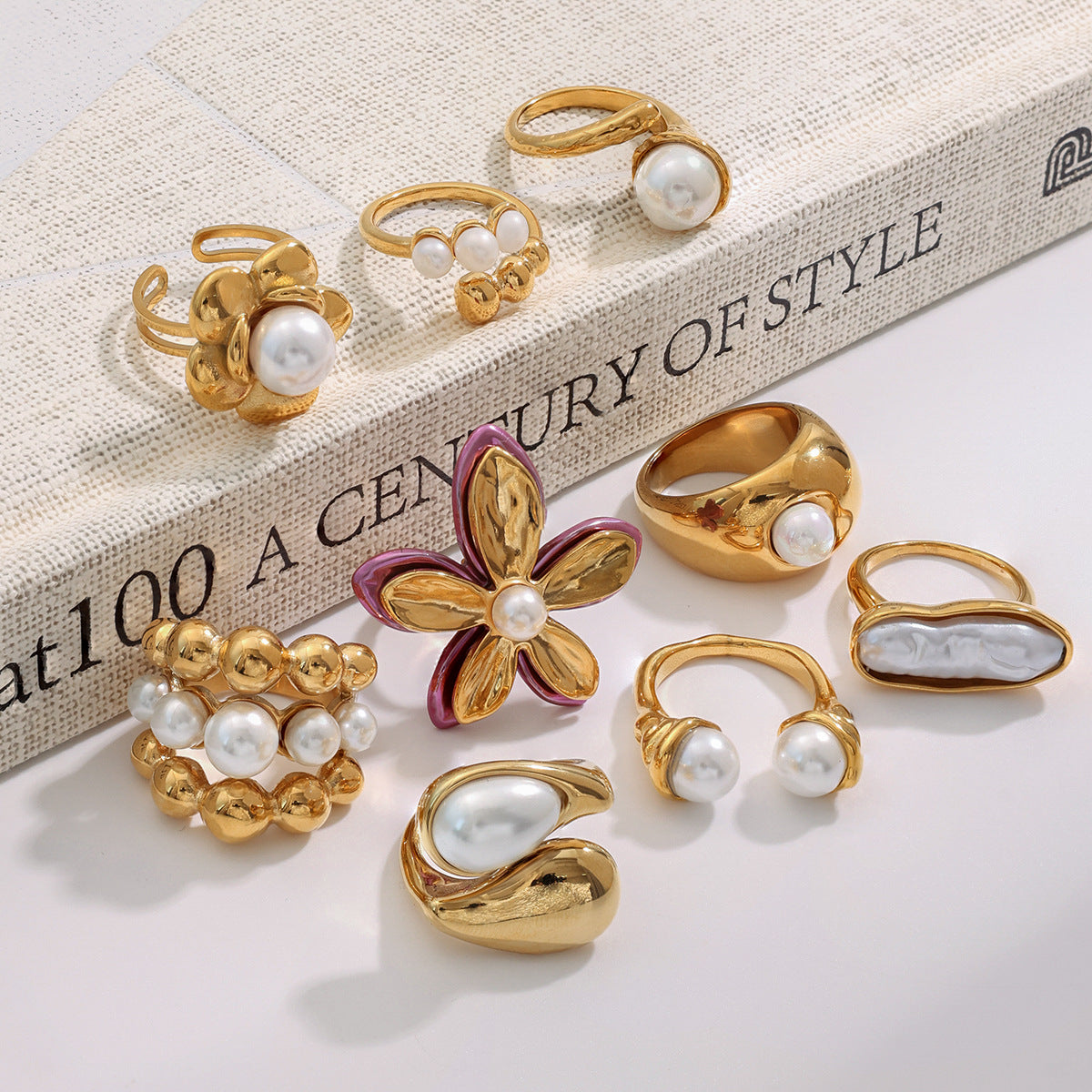 Stainless Steel Light Luxury Pearl Ring Combination