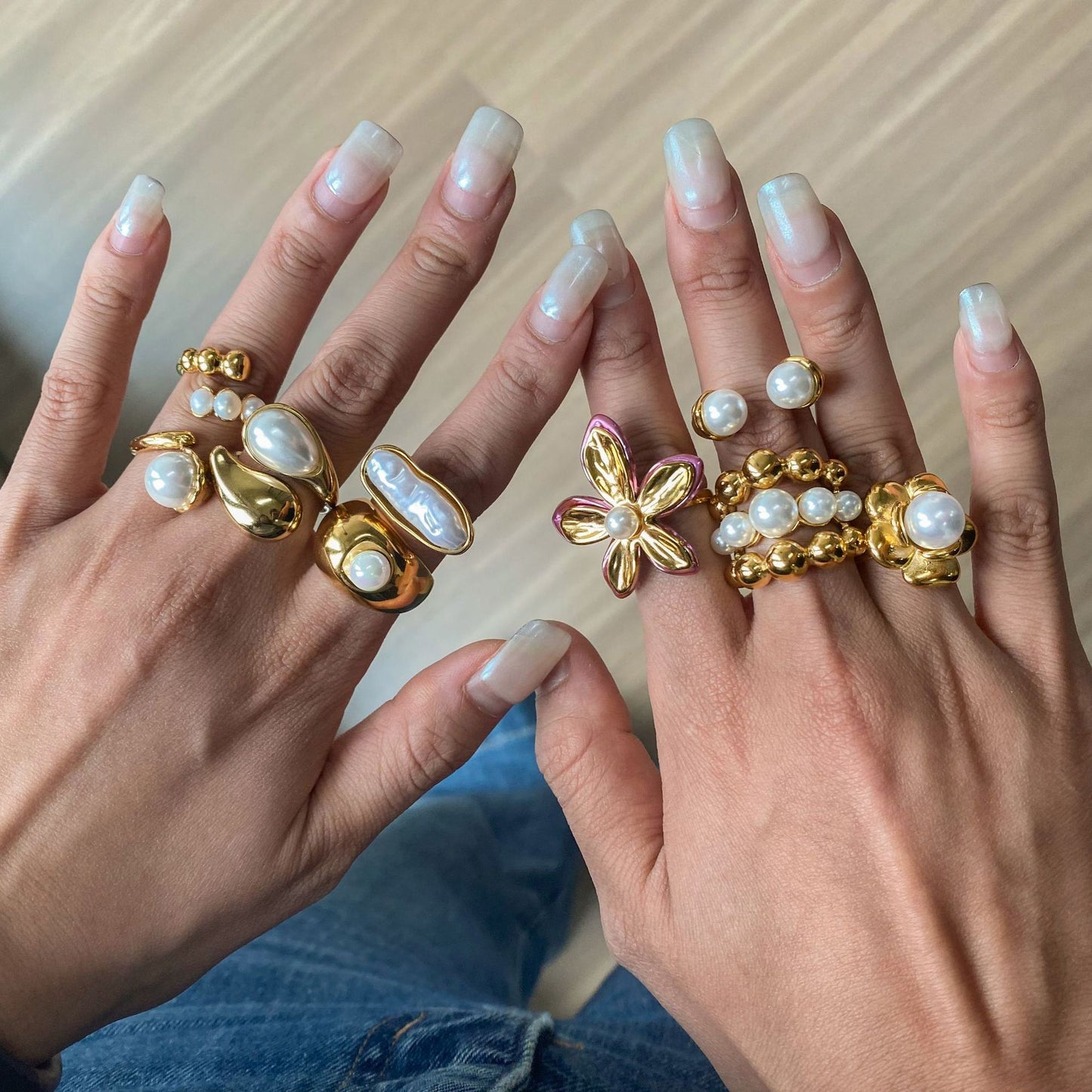 Stainless Steel Light Luxury Pearl Ring Combination