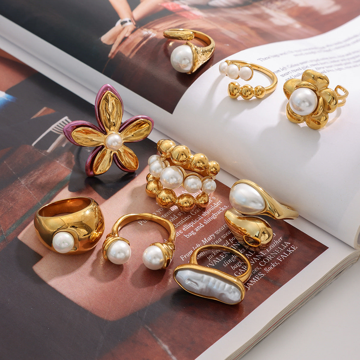 Stainless Steel Light Luxury Pearl Ring Combination