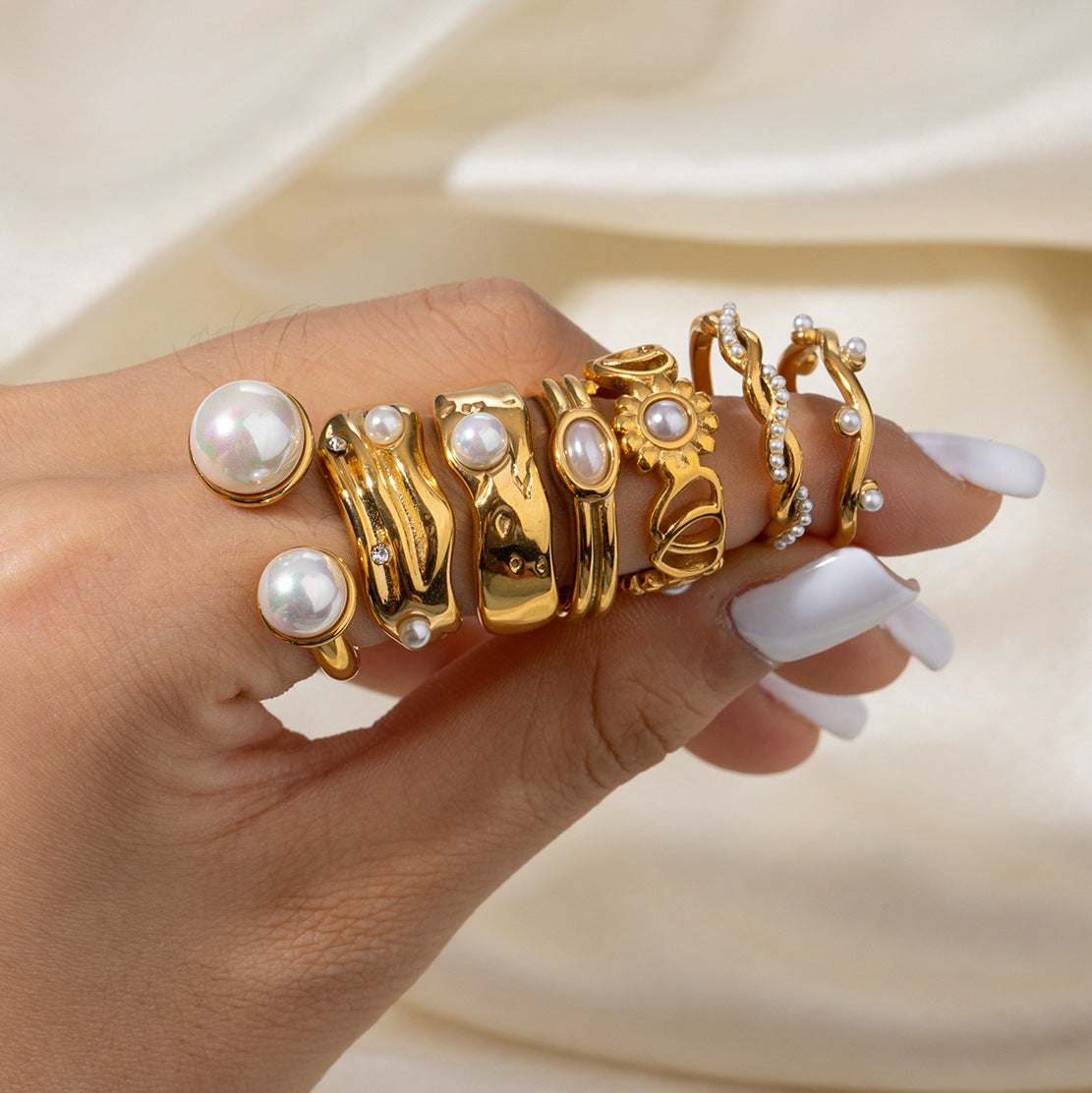 Stainless Steel Geometric Pearl Ring Combination