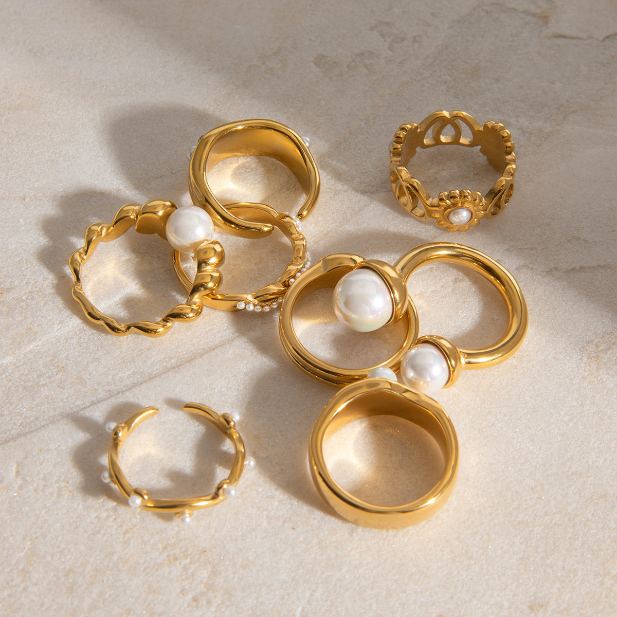 Stainless Steel Geometric Pearl Ring Combination
