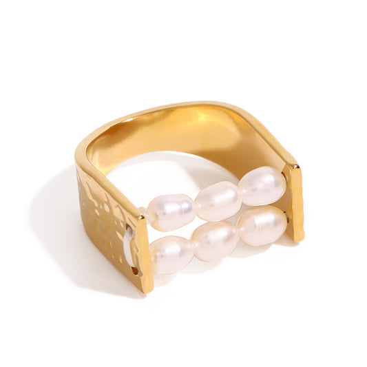 18K Gold PVD Stainless Steel Pearl U-shaped Ring