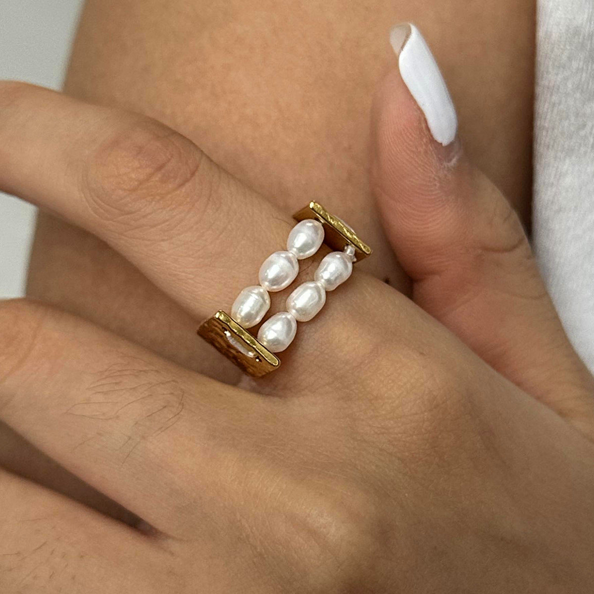 18K Gold PVD Stainless Steel Pearl U-shaped Ring