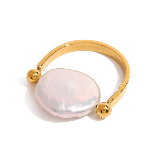 Stainless Steel Button Pearl Smooth Ring