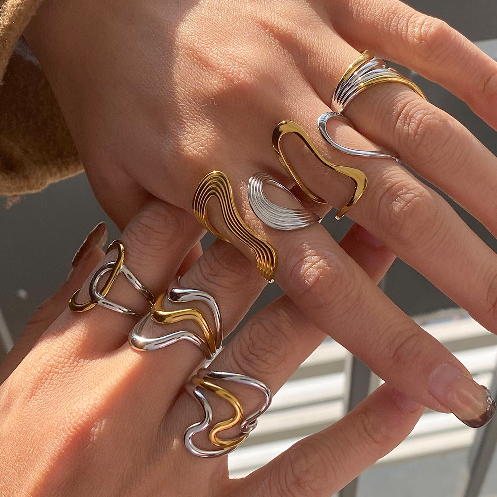 Stainless Steel Two-Tone Gold and Steel Line Ring