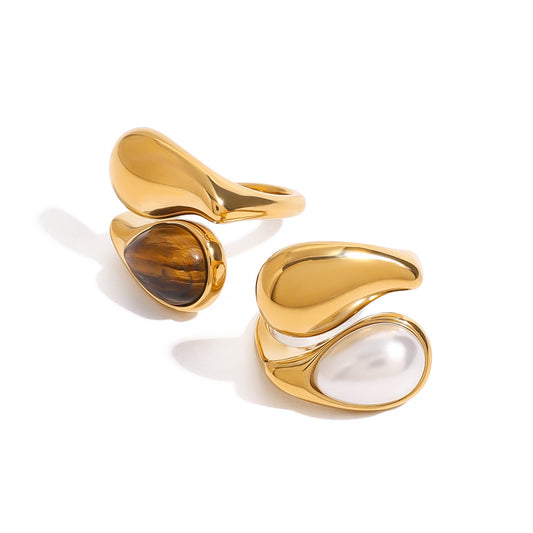Stainless Steel Water Drop Pearl Tiger Eye Stone Ring