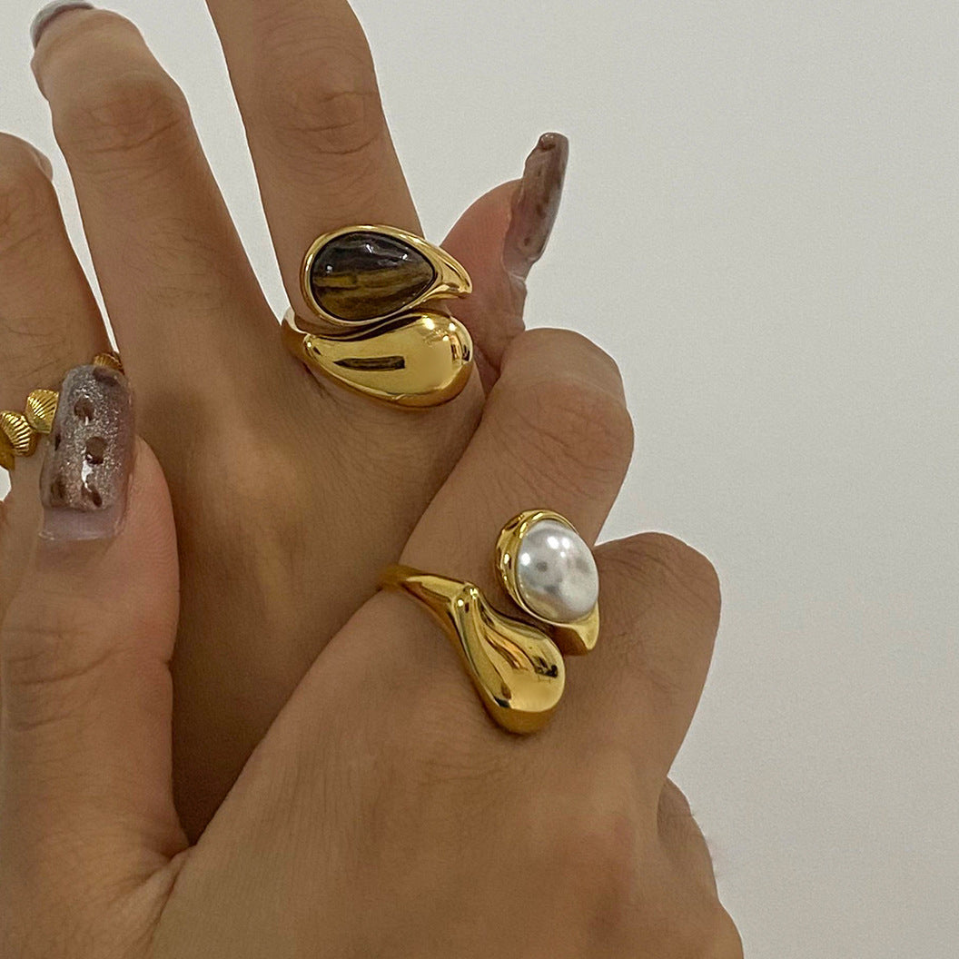 Stainless Steel Water Drop Pearl Tiger Eye Stone Ring