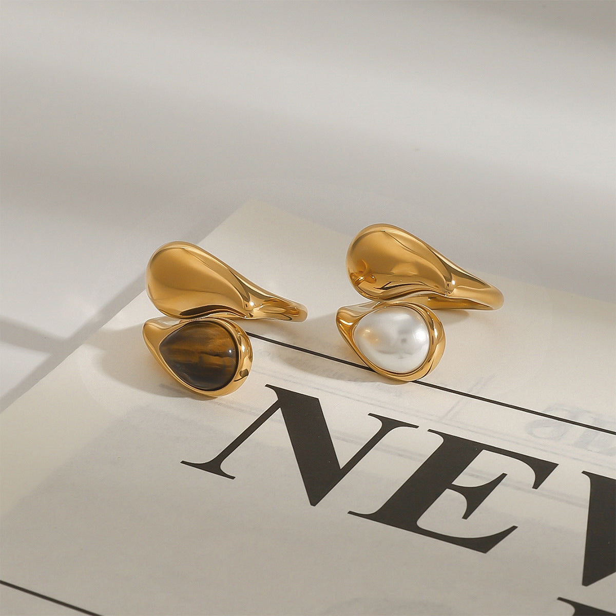 Stainless Steel Water Drop Pearl Tiger Eye Stone Ring