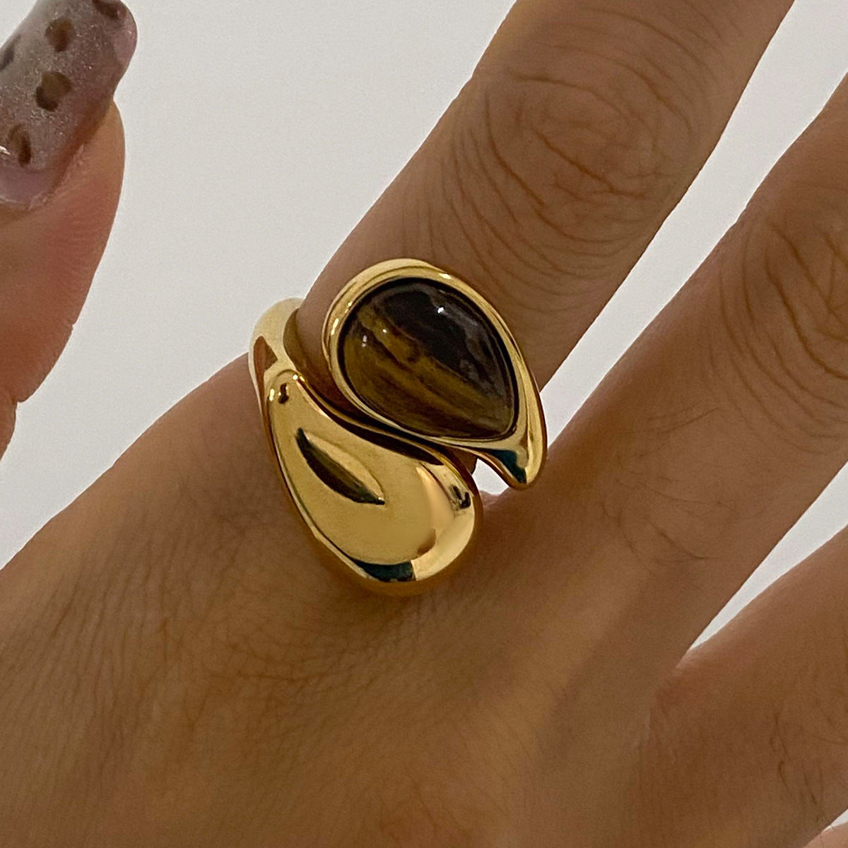 Stainless Steel Water Drop Pearl Tiger Eye Stone Ring