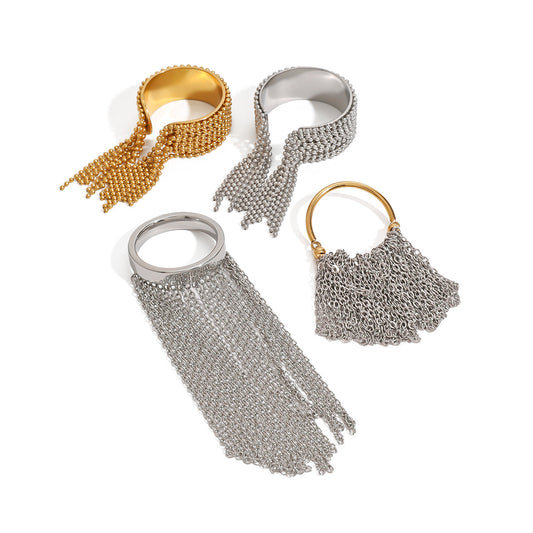 Stainless Steel 18K Gold PVD Tassel Chain Ring