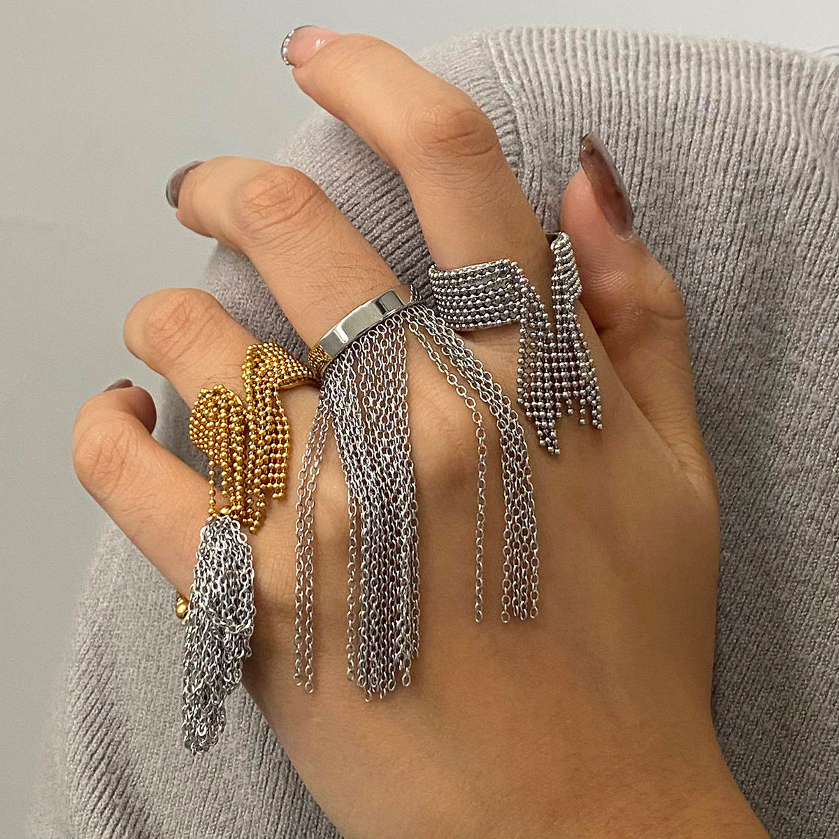Stainless Steel 18K Gold PVD Tassel Chain Ring