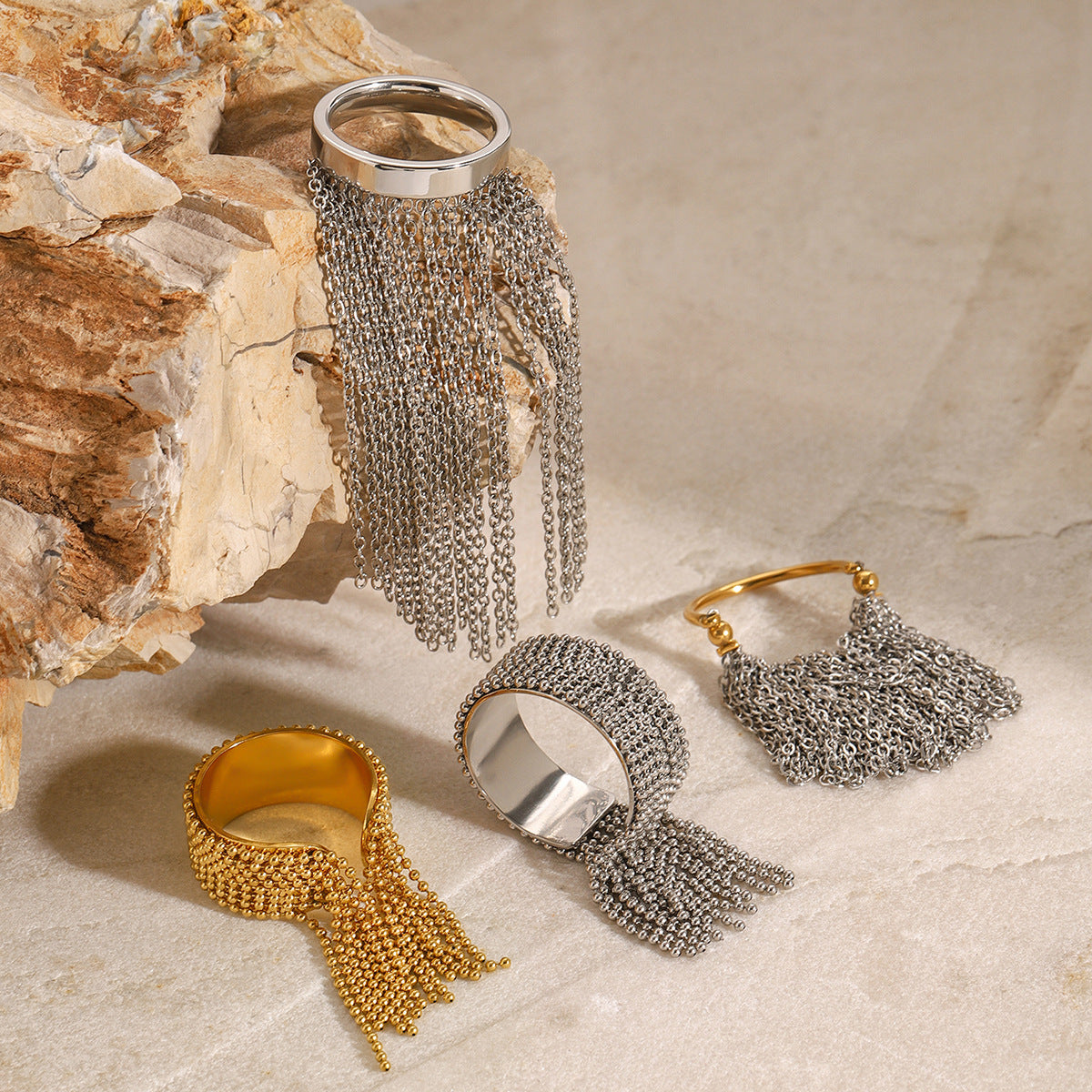 Stainless Steel 18K Gold PVD Tassel Chain Ring