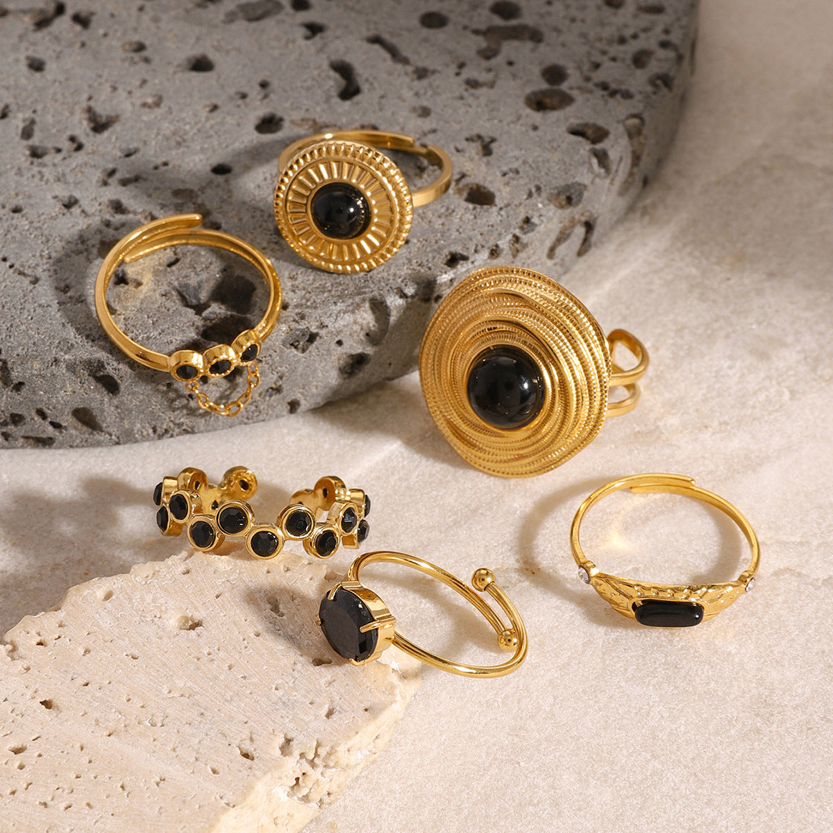 Stainless Steel Natural Black Agate Ring