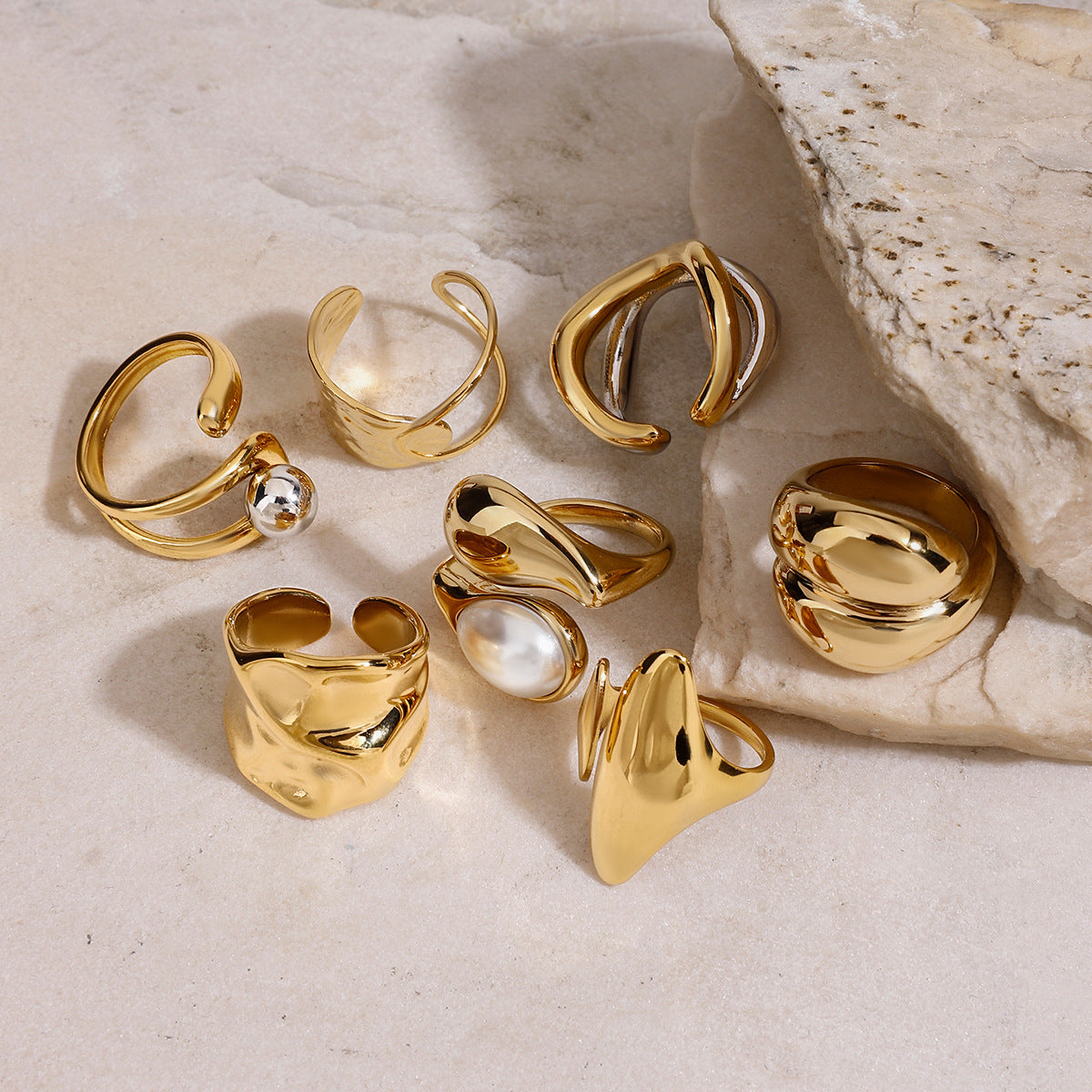 Stainless Steel Geometric Design Pearl Ring