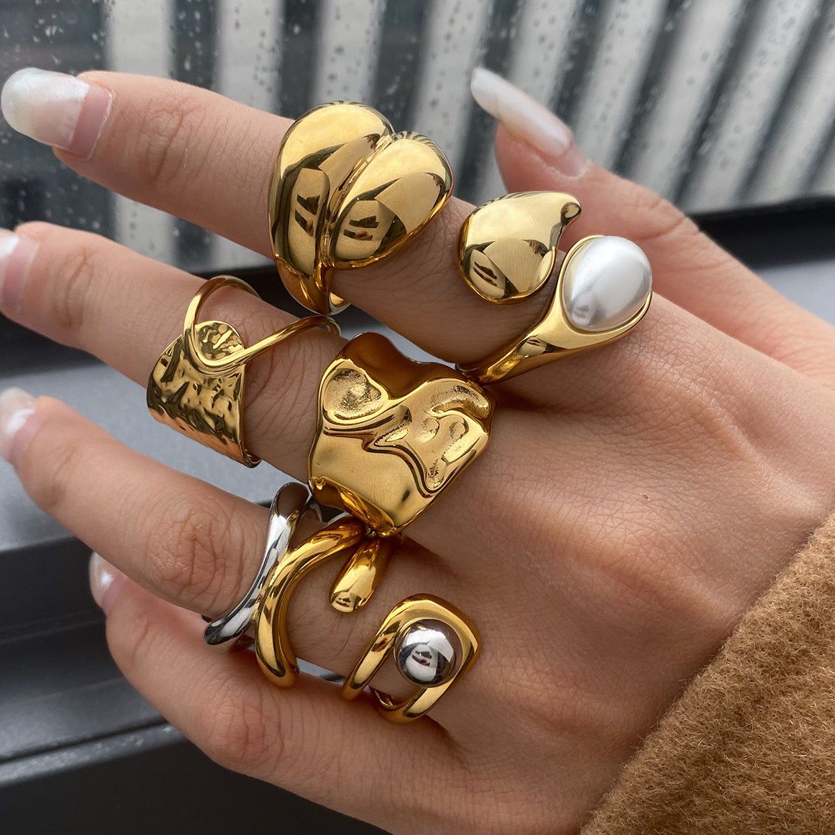 Stainless Steel Geometric Design Pearl Ring