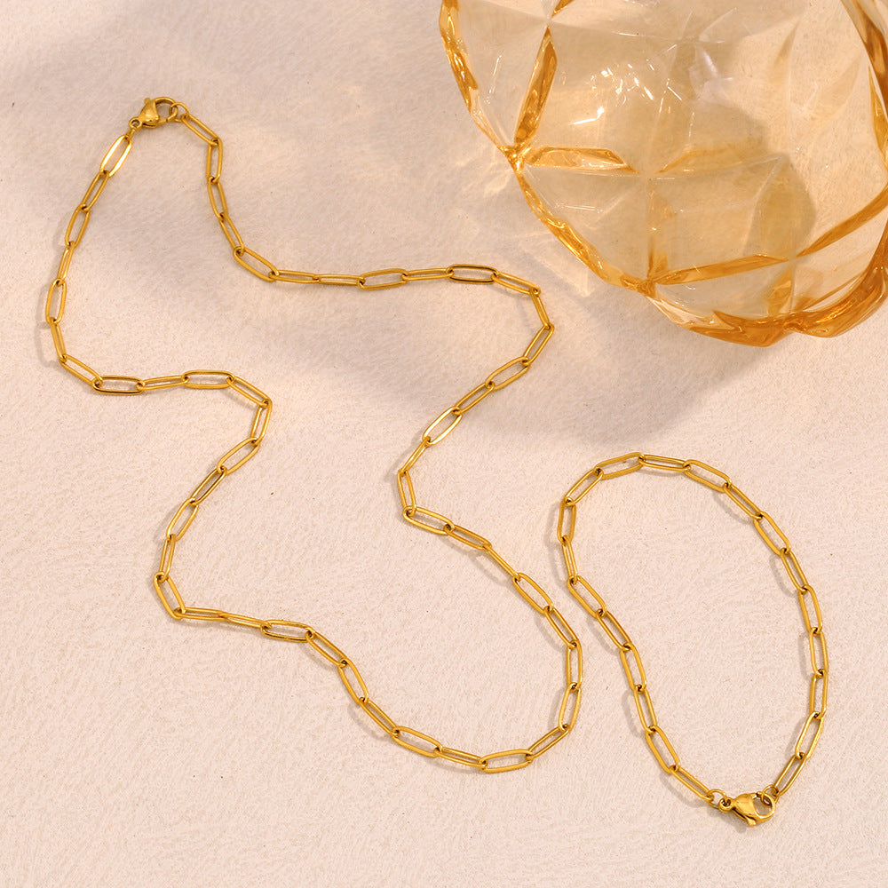 Stainless Steel 18K Gold PVD Paperclip Chain Necklace Bracelet Set