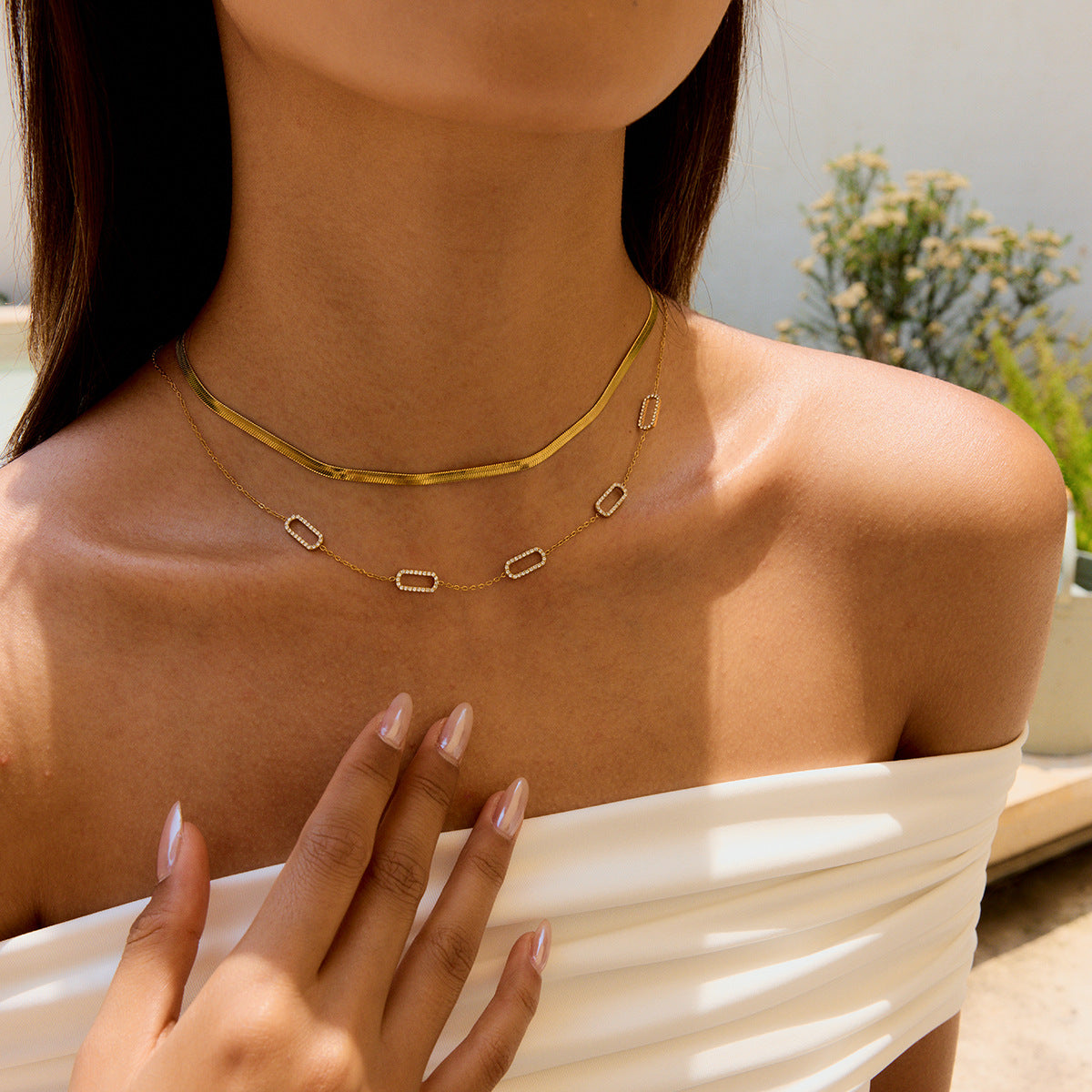 Stainless Steel Rhinestone Cable Chain Necklace