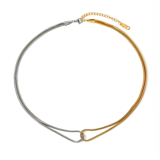 Stainless Steel Gold and Steel Two-Tone Flat Snake Chain Necklace