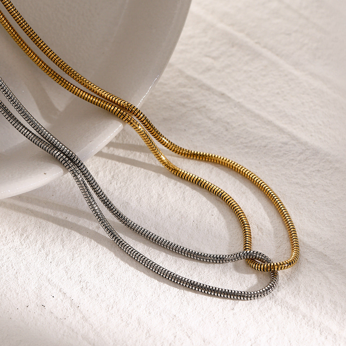 Stainless Steel Gold and Steel Two-Tone Flat Snake Chain Necklace