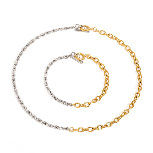 Stainless Steel Gold and Steel Two-Tone Rope Chain Necklace Bracelet Set