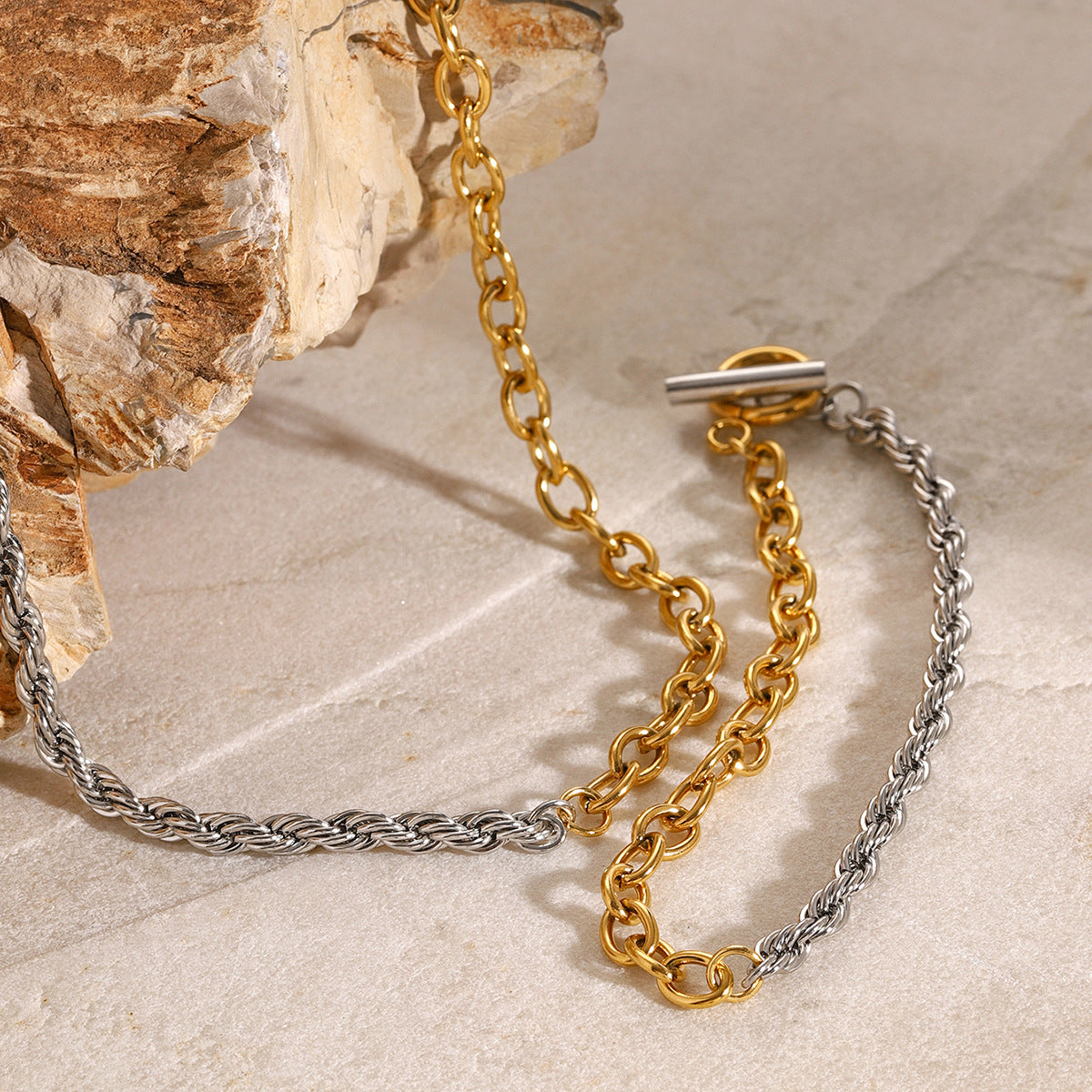 Stainless Steel Gold and Steel Two-Tone Rope Chain Necklace Bracelet Set