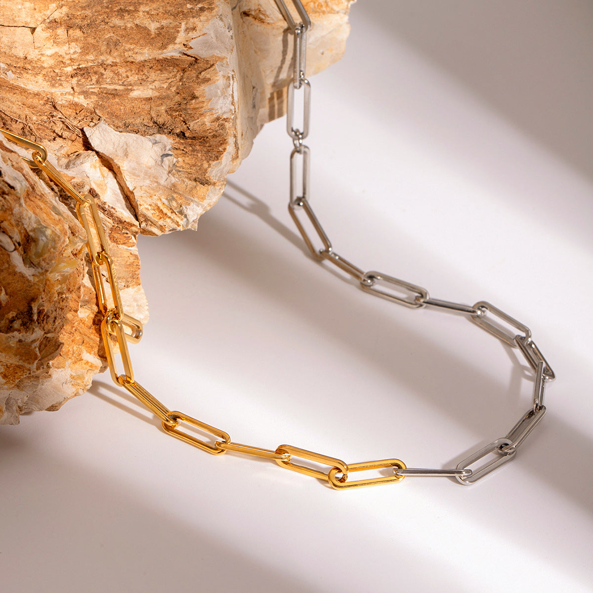 Stainless Steel Gold and Steel Two-Tone Paperclip Necklace